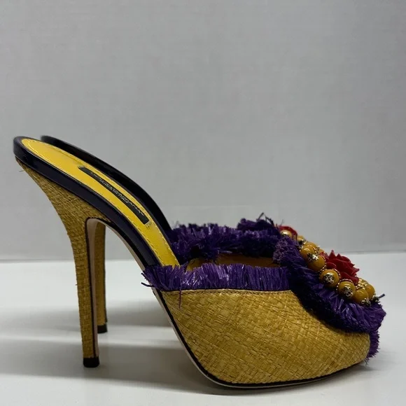 Dolce & Gabbana Keira Straw Mules Heels Open Toe Pumps Shoes Yellow Size EU 37 7 - Picture 3 of 13